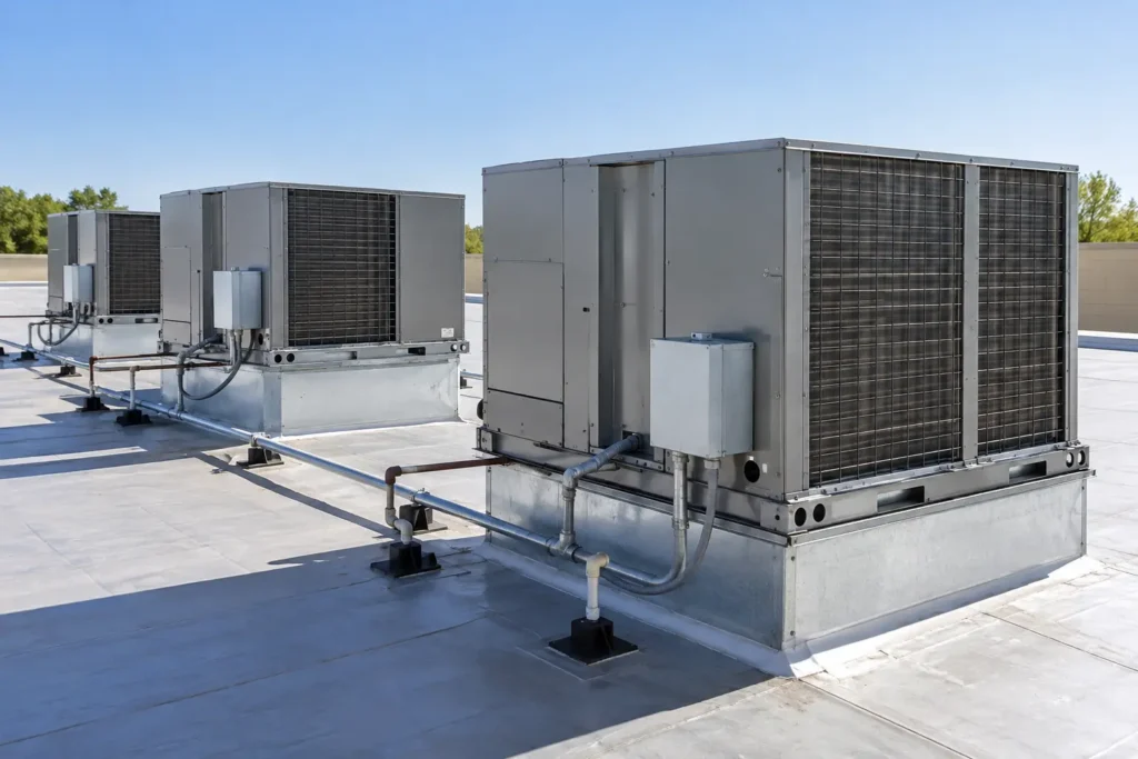 Two commercial rooftop HVAC units connected to ductwork.